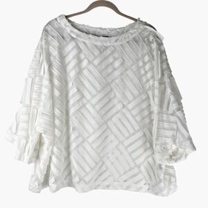 By JJ White Checkered‎ Textured Blouse Womens XL Shirt Top 3/4 Sleeve Sheer